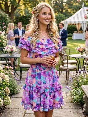 BTFL/Free People/ Off-Shoulder Ruffled Summer Dress in pink/Lavender Floral